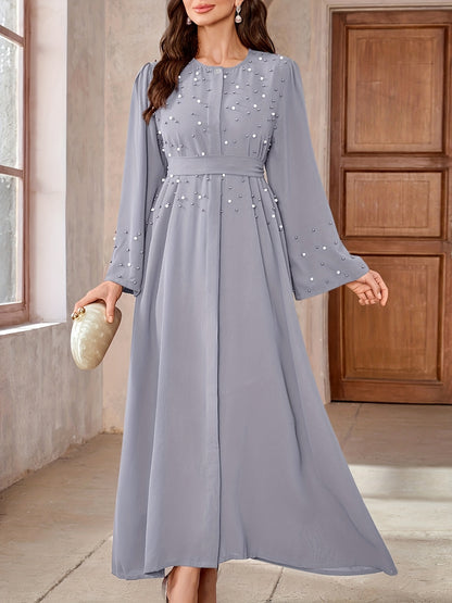 Elegant Navy Blue Abaya with Pearl Embellishments and Belt - Long Sleeve, Floor-Length Dress for Women, Perfect for Formal Occasions, Formal Attire|Elegant Abaya|Pearl Embellishments