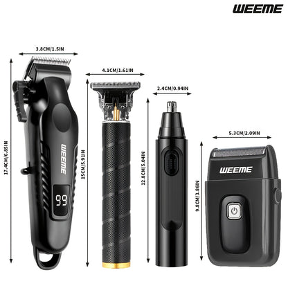 WEEME 4pcs Men'S Facial Grooming Kit: USB Fast Charging Electric Hair Clipper + T-Blade Trimmer + Shaver + Nose Hair Clipper for Shaving, Nose Hair Trimming, Carving Styling - LCD Battery Display - Perfect Gift for Father'S D