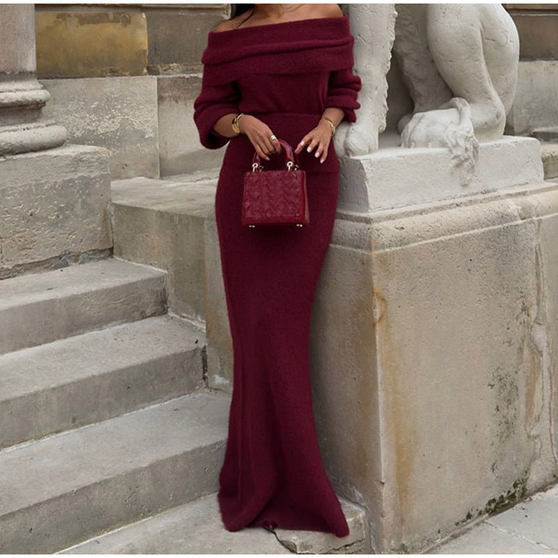 Solid color off shoulder knitted long dress fashionable slim fit eye-catching knitted long dress