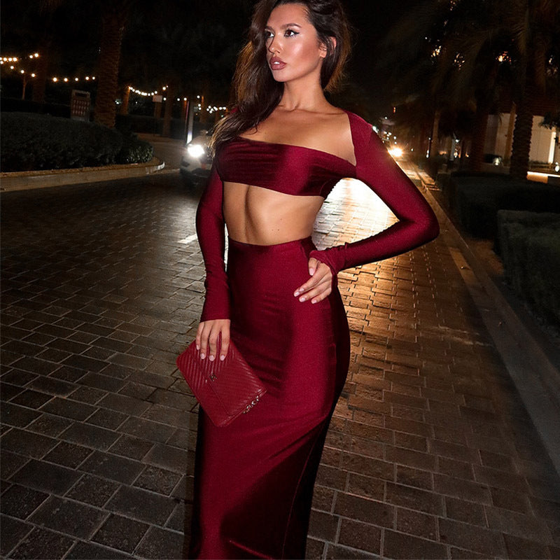 European and American long sleeved long skirt set, strapless short top, high waist, hip hugging skirt, sexy and spicy two-piece set