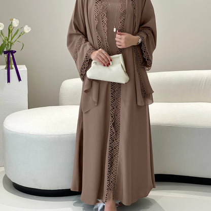 2pcs Set of Muslim Abaya with Lace Sleeveless Vest Skirt, Headscarf, and Headscarf, Ramadan Fashion