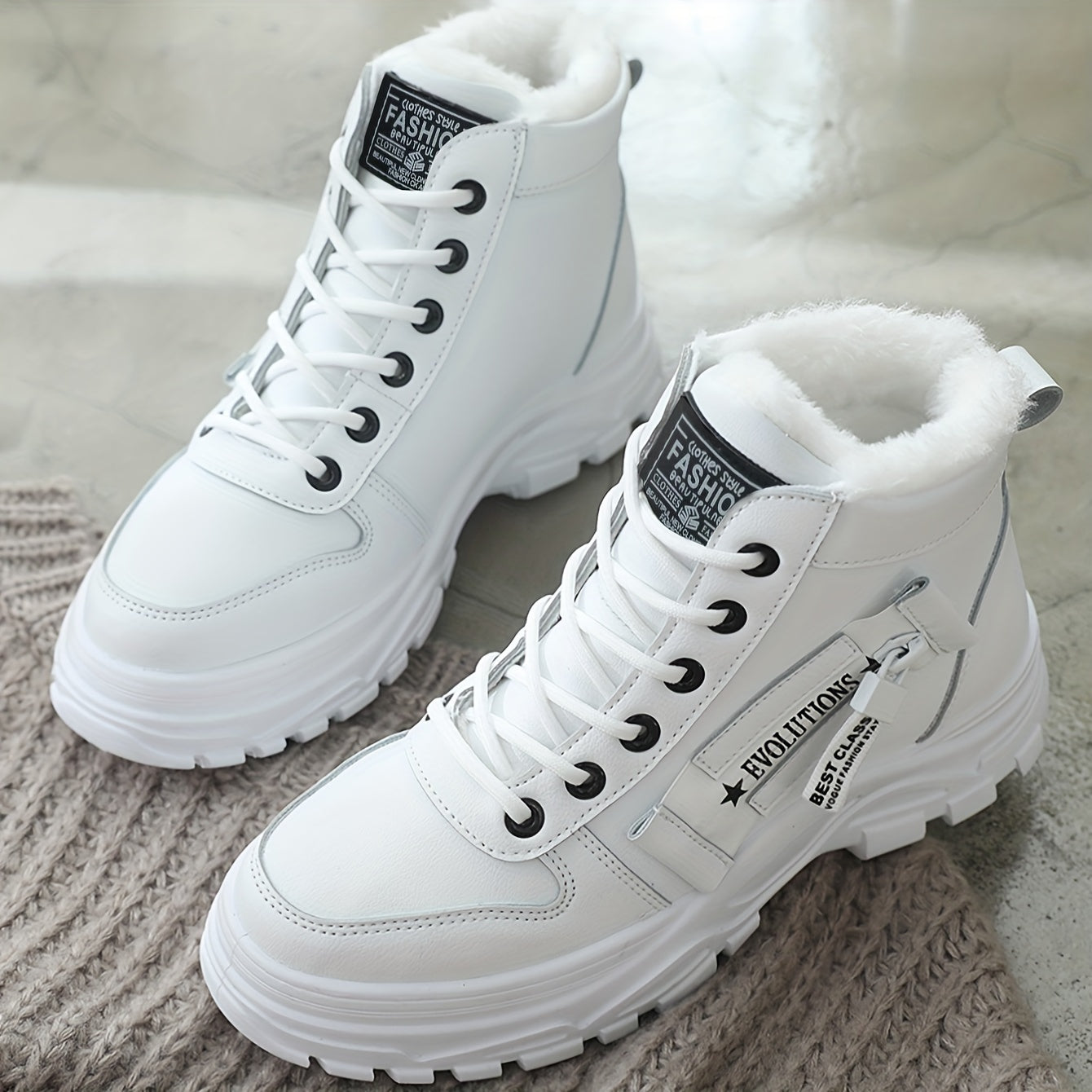 Women'S K2001 High-Top Winter Boots - Stylish White Lace-Up with Faux Fur Lining, Waterproof PVC Sole, Casual All-Season Footwear, Casual Winter Boots|Faux Fur Lined Boots|Laceup Boots