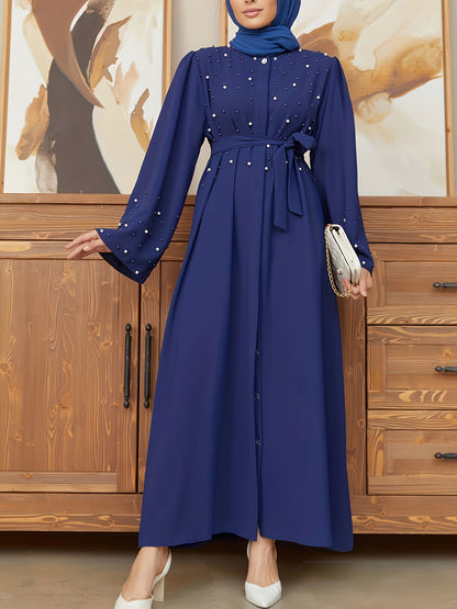 Elegant Navy Blue Abaya with Pearl Embellishments and Belt - Long Sleeve, Floor-Length Dress for Women, Perfect for Formal Occasions, Formal Attire|Elegant Abaya|Pearl Embellishments