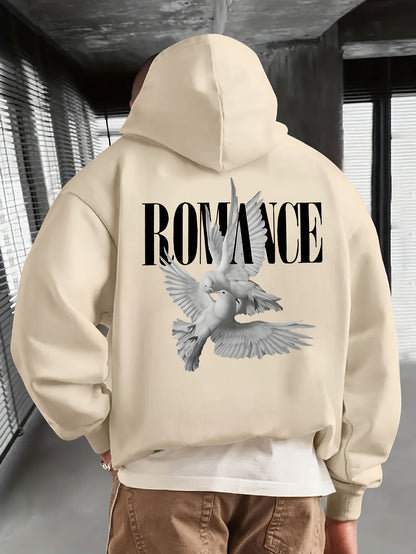 Men'S Casual Hooded Sweatshirt with "ROMANCE" Graphic Print - Loose Fit, Long Sleeve, Front Pocket, Perfect for Fall/Winter, Casual Wear Hoodie, |relaxed Fit Hoodie|front Pocket Hoodie, Sweater Hoodie
