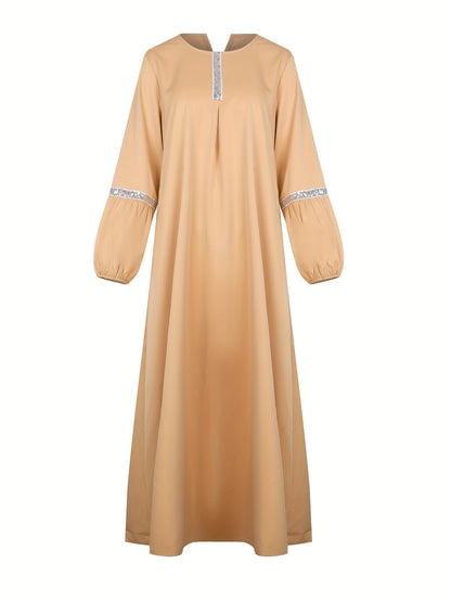 [Sequined Abaya] Sequined Long Sleeve Muslim Abaya | Middle Eastern Solid Color Casual Dress