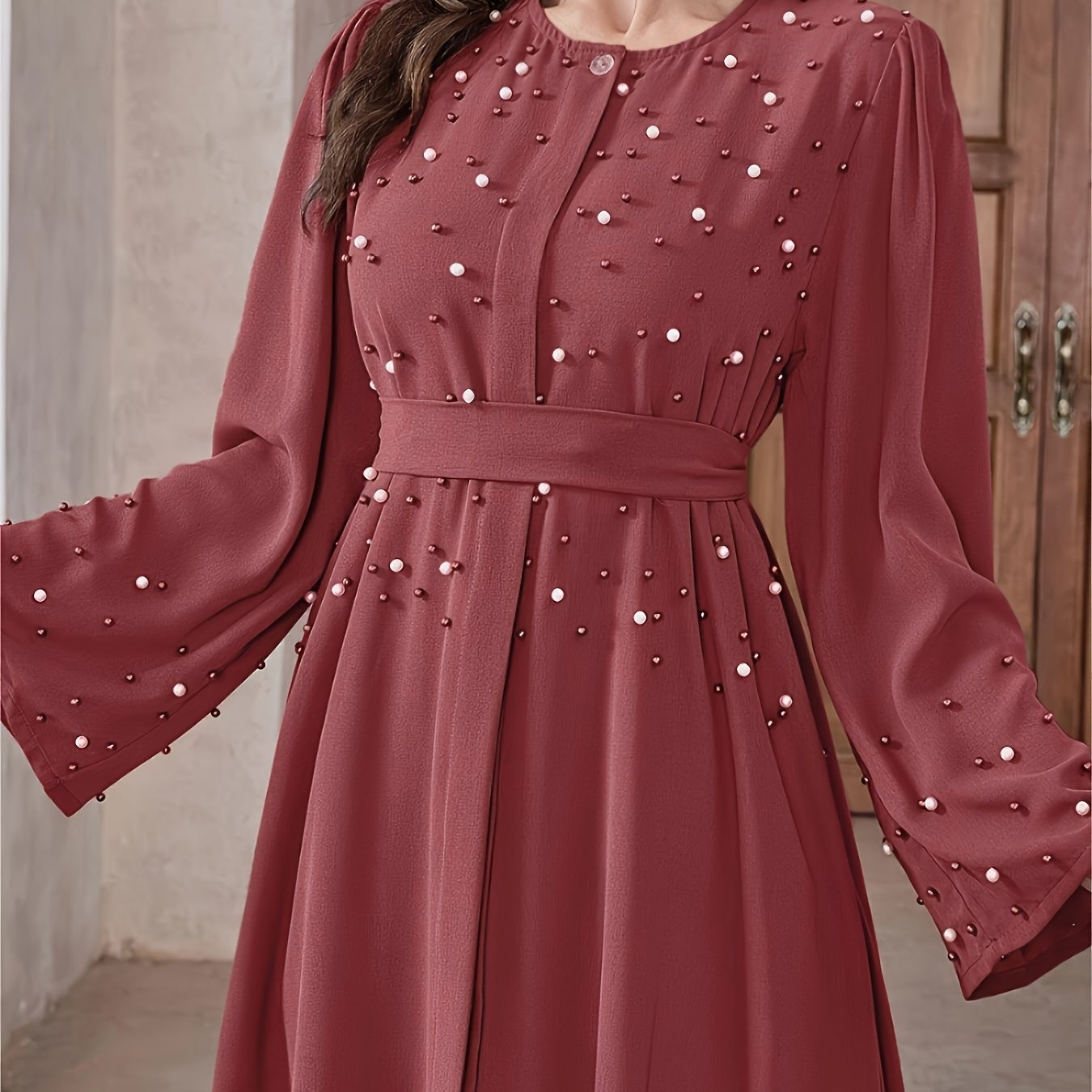 Elegant Navy Blue Abaya with Pearl Embellishments and Belt - Long Sleeve, Floor-Length Dress for Women, Perfect for Formal Occasions, Formal Attire|Elegant Abaya|Pearl Embellishments