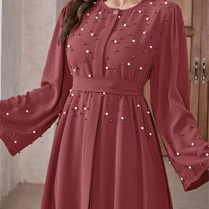 Elegant Navy Blue Abaya with Pearl Embellishments and Belt - Long Sleeve, Floor-Length Dress for Women, Perfect for Formal Occasions, Formal Attire|Elegant Abaya|Pearl Embellishments