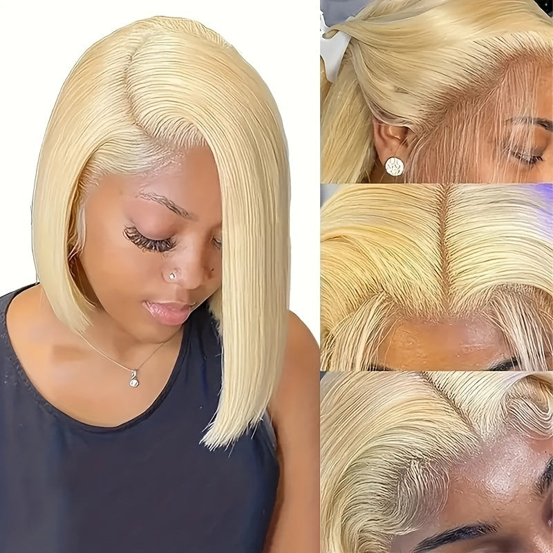 100% Human Hair Golden Blonde Short Bob Wig, 13x4 Lace Front, Breathable & Comfortable, Straight Style, 150% Density, Natural Look for Casual Attire, Natural Look Wig | Fashionable Wig | Breathable Lace Wig
