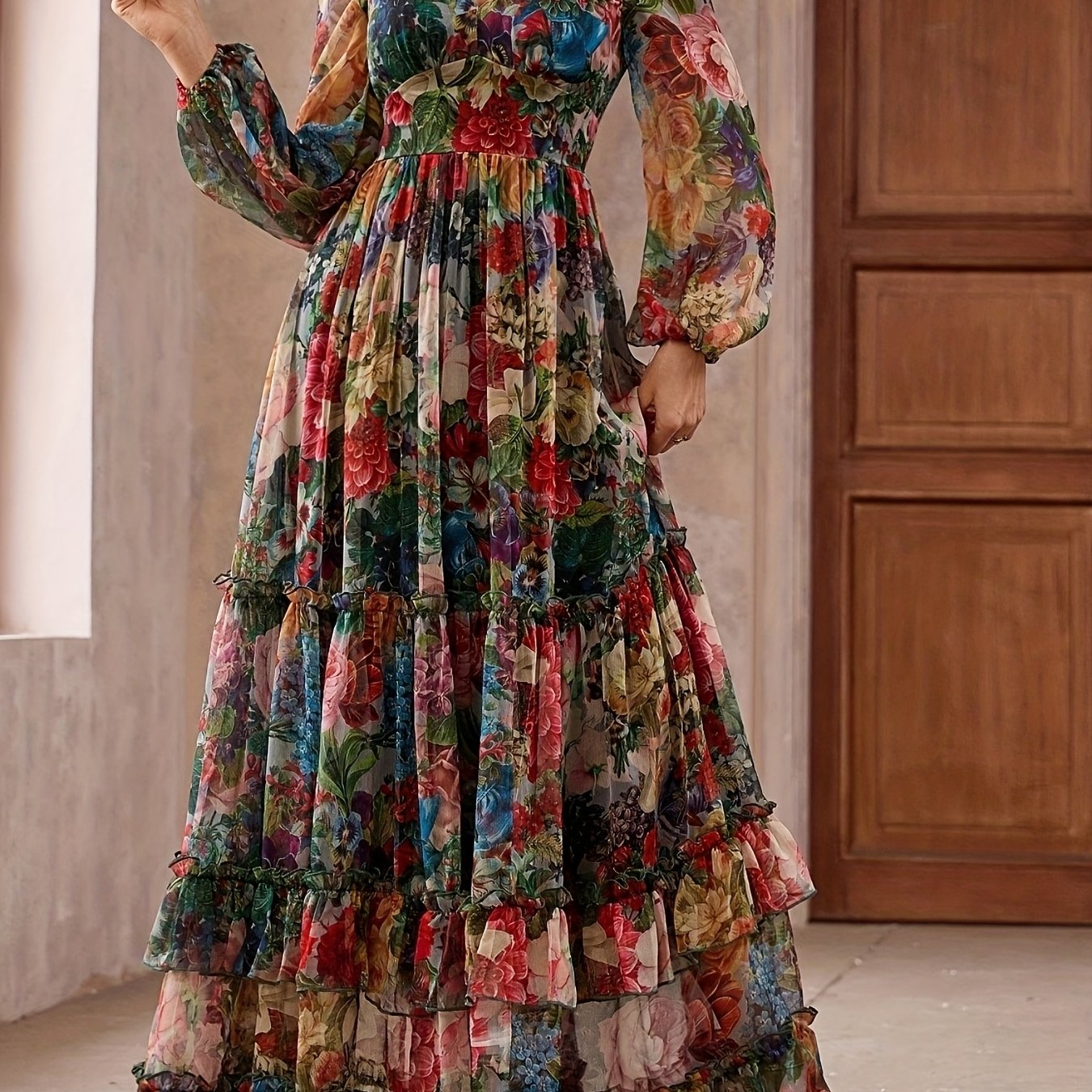 Women's Elegant Maxi Floral Print Chiffon Dress, V-Neck & Puff Sleeves, A-Line Long Formal/semi-formal gown, Pastel Pink, Blue, Green, Red, Purple, Orange, Yellow, White, Machine Washable, Spring/Summer/Fall Events, Parties,