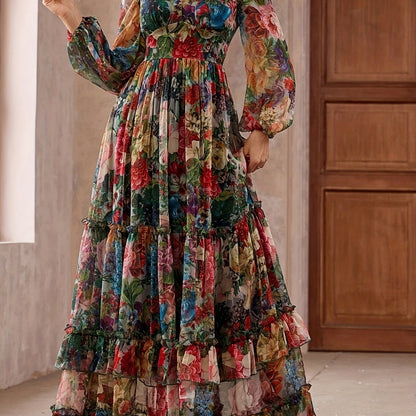 Women's Elegant Maxi Floral Print Chiffon Dress, V-Neck & Puff Sleeves, A-Line Long Formal/semi-formal gown, Pastel Pink, Blue, Green, Red, Purple, Orange, Yellow, White, Machine Washable, Spring/Summer/Fall Events, Parties,