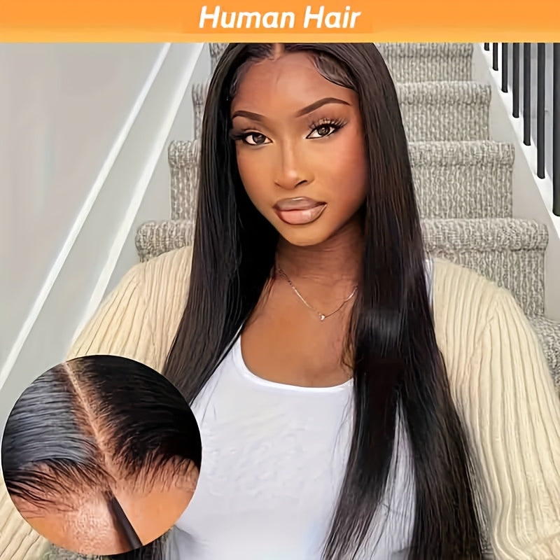 Glueless Wig - No Glue Needed, Pre Plucked & Cut Front, Natural Black Human Hair Lace Front Wig, 150% Density for, Everyday & Special Events, Event Hairpiece, Sleek Straight Style