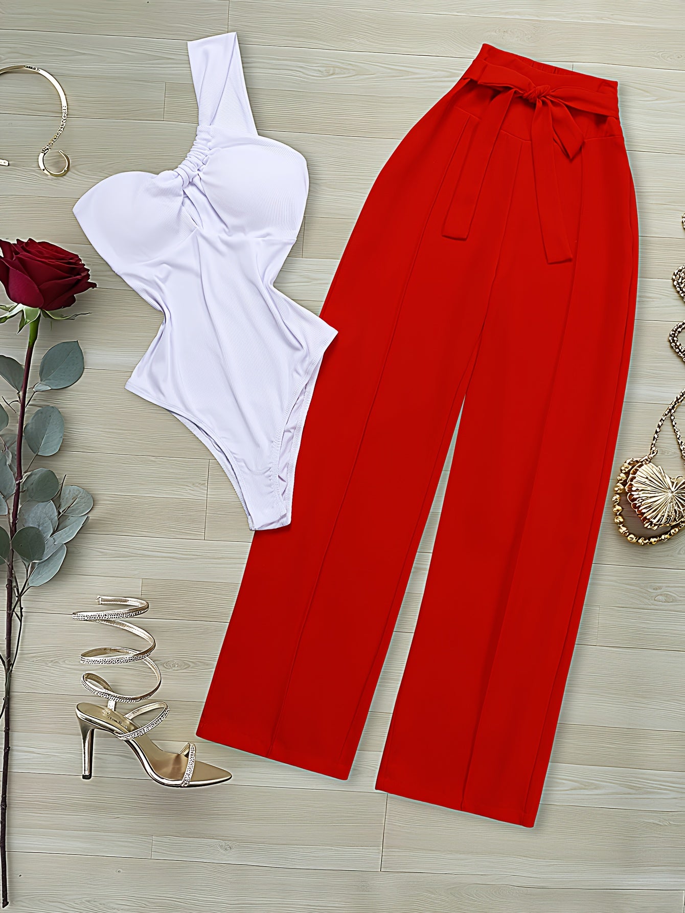 2pcs Set: White One-Shoulder Cinched Waist Bodysuit + Red Wide-Leg Pants with Tie | Elegant Solid Color, Sleeveless, Lace-Up Detail, Regular Fit for Spring/Summer