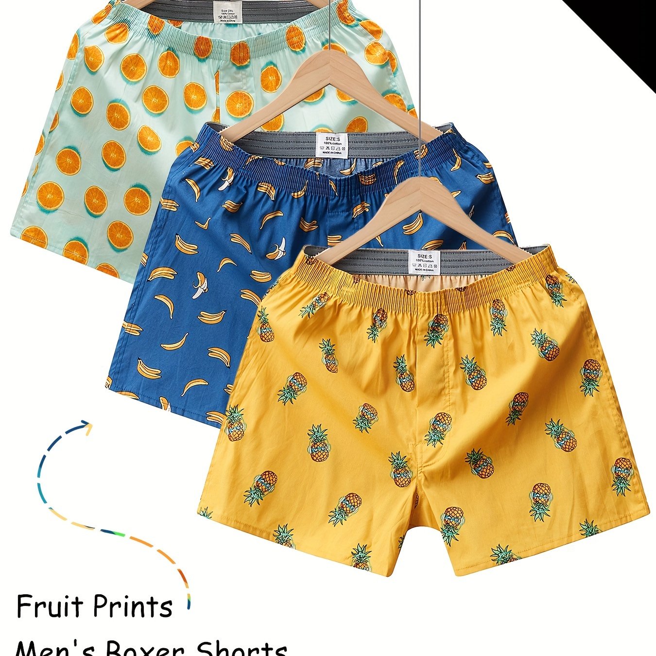 3 Pieces of Men's Comfortable Cotton Fruit Pattern Full Print Boxer Shorts with Breathable Fabric and Relaxed Fit for Everyday Wear
