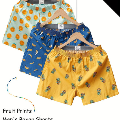 3 Pieces of Men's Comfortable Cotton Fruit Pattern Full Print Boxer Shorts with Breathable Fabric and Relaxed Fit for Everyday Wear