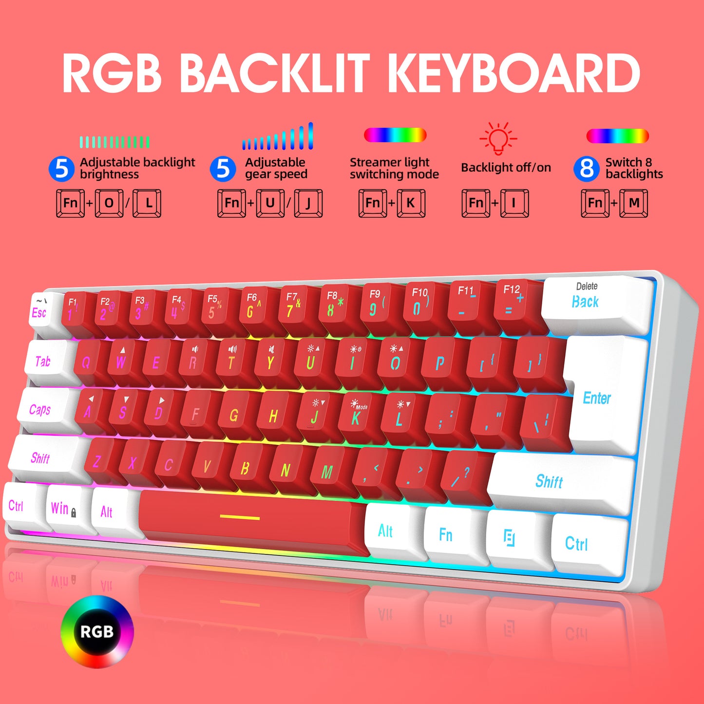 61 key keyboard with split lines, mini minimalist keyboard, compact dual color color RGB luminous film keyboard