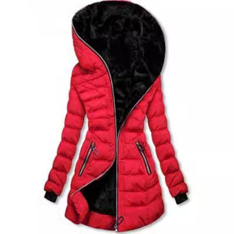 Women's cotton clothing hooded long sleeved warm and plush cotton clothing winter mid to long zipper jacket