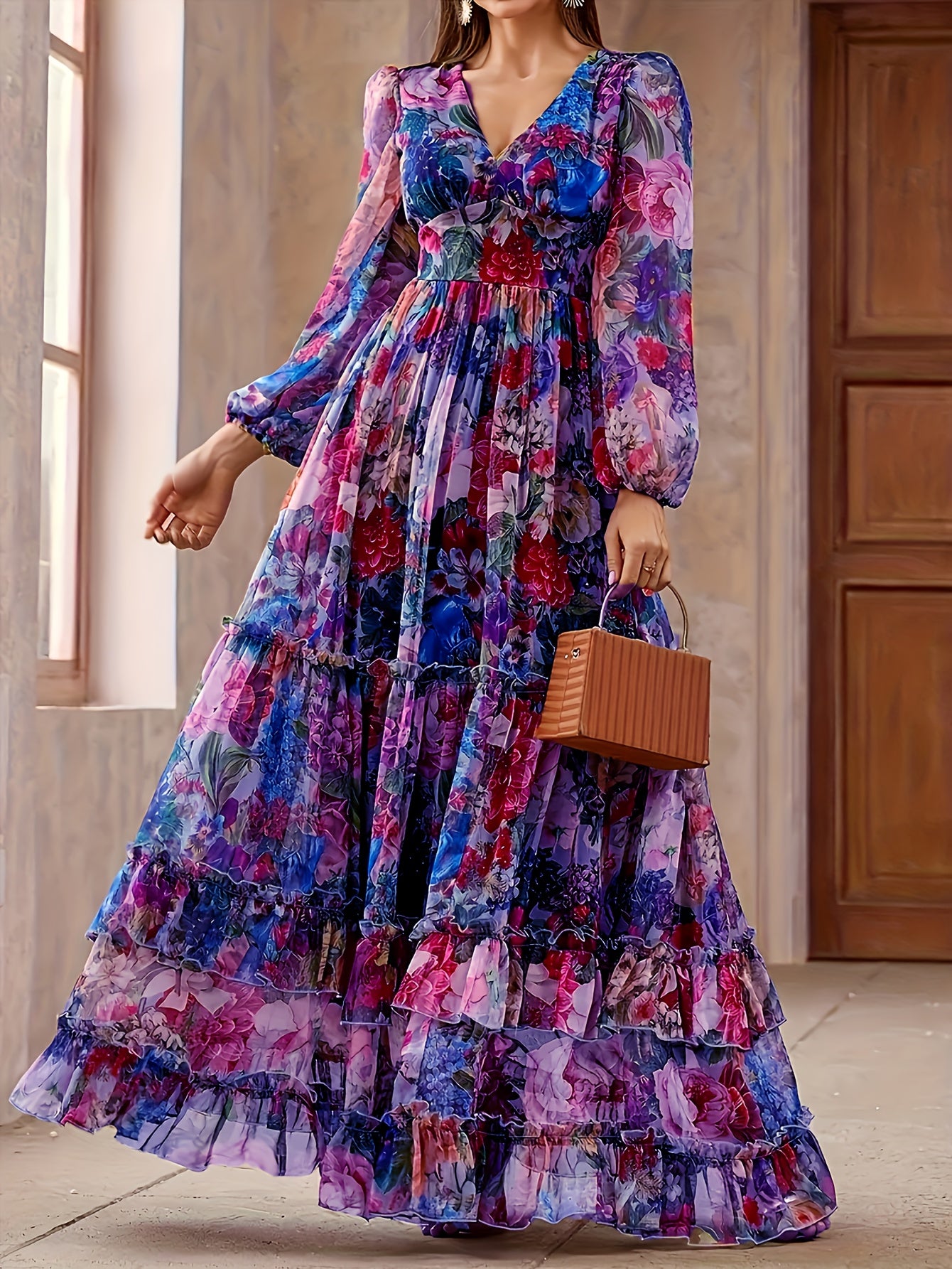 Women's Elegant Maxi Floral Print Chiffon Dress, V-Neck & Puff Sleeves, A-Line Long Formal/semi-formal gown, Pastel Pink, Blue, Green, Red, Purple, Orange, Yellow, White, Machine Washable, Spring/Summer/Fall Events, Parties,