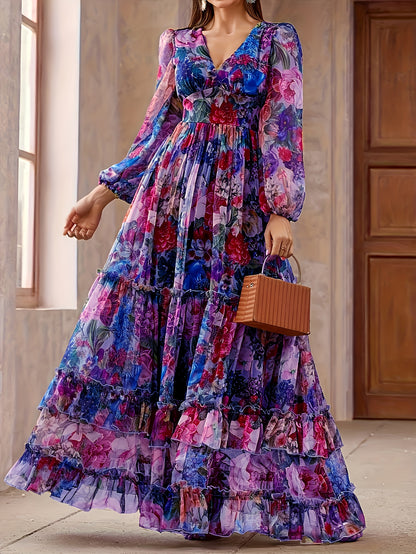 Women's Elegant Maxi Floral Print Chiffon Dress, V-Neck & Puff Sleeves, A-Line Long Formal/semi-formal gown, Pastel Pink, Blue, Green, Red, Purple, Orange, Yellow, White, Machine Washable, Spring/Summer/Fall Events, Parties,