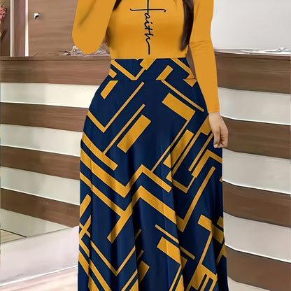 & Geo Print Dress, Casual Long Sleeve Ruffle Hem Slim Maxi Dress, Women's Clothing