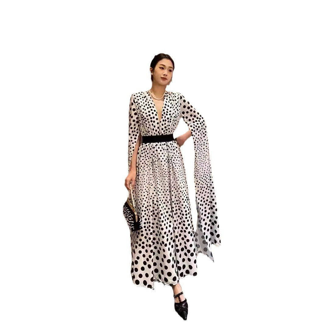 V-neck polka dot printed slit long sleeved dress long skirt women's dress