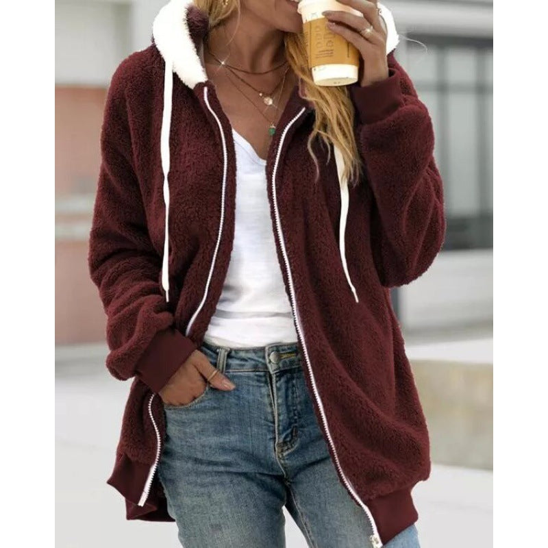 Autumn and winter loose plush zipper hooded jacket for women