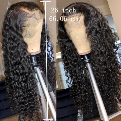 200% Density Long Curly Wave Heat Resistant 13x4 Lace Front Wig for Women - Pre-Plucked Hairline, 60.96 cm Deep Water Wave Black Synthetic Lace Frontal Wig with Transparent HD Lace, Natural Look for Everyday & Special Occasio