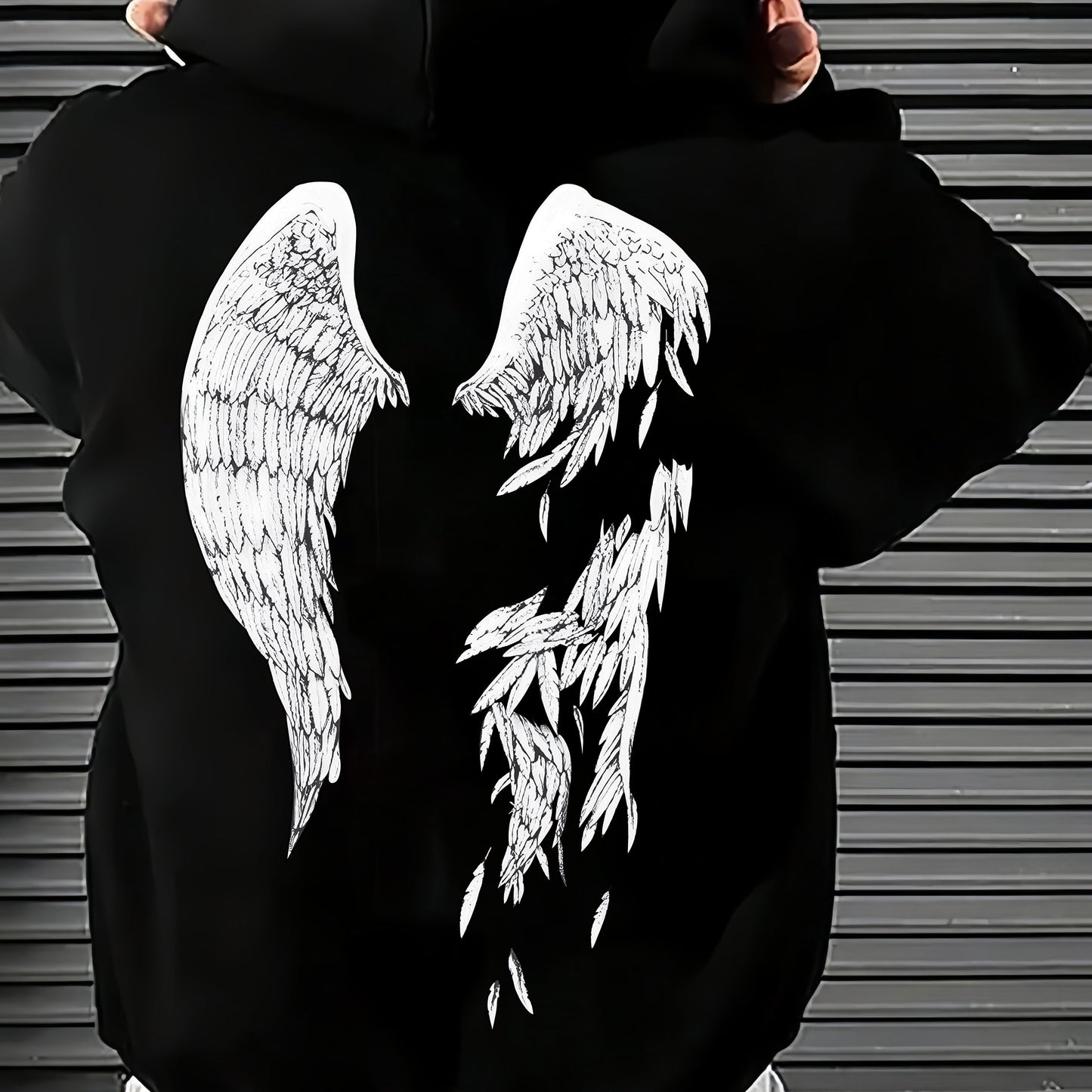 Men'S Cozy Fleece-Lined Hoodie with Angel Wings Print - Black Casual Sporty Sweatshirt, Loose Fit, Front Pocket, Perfect for Fall & Winter, Winter Apparel | Angelic Design | Durable Fabric