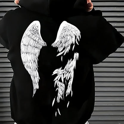 Men'S Cozy Fleece-Lined Hoodie with Angel Wings Print - Black Casual Sporty Sweatshirt, Loose Fit, Front Pocket, Perfect for Fall & Winter, Winter Apparel | Angelic Design | Durable Fabric