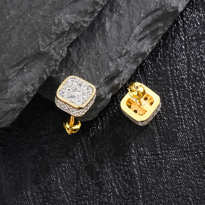 Golden Micro Pave Cubic Zircon Hip Hop Geometry Square Stud Earrings - Iced Out Bling Fashion Jewelry with Geometric Design, Square Shape, and Durable Construction - Perfect for Everyday Wear and Special Occasions