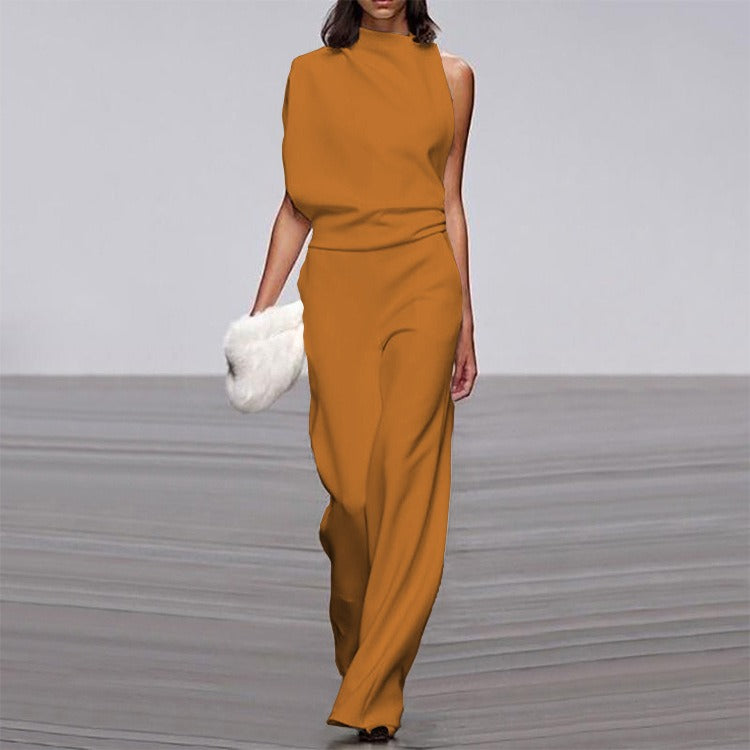 Solid color single shoulder pile up collar jumpsuit for women, hot selling hot selling dress pants