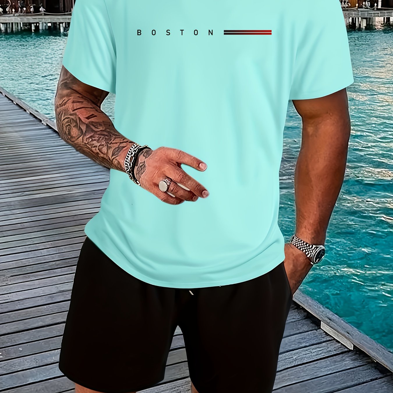 Men's 180gsm Heavyweight 100% Cotton T-Shirt with Boston Lettering Print - Casual Round Neck Short Sleeve, Regular Fit All-Season Comfort, White & Black Contrast Design for Everyday & Semi-Formal Wear - Boston-Themed Apparel