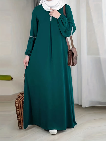 [Sequined Abaya] Sequined Long Sleeve Muslim Abaya | Middle Eastern Solid Color Casual Dress