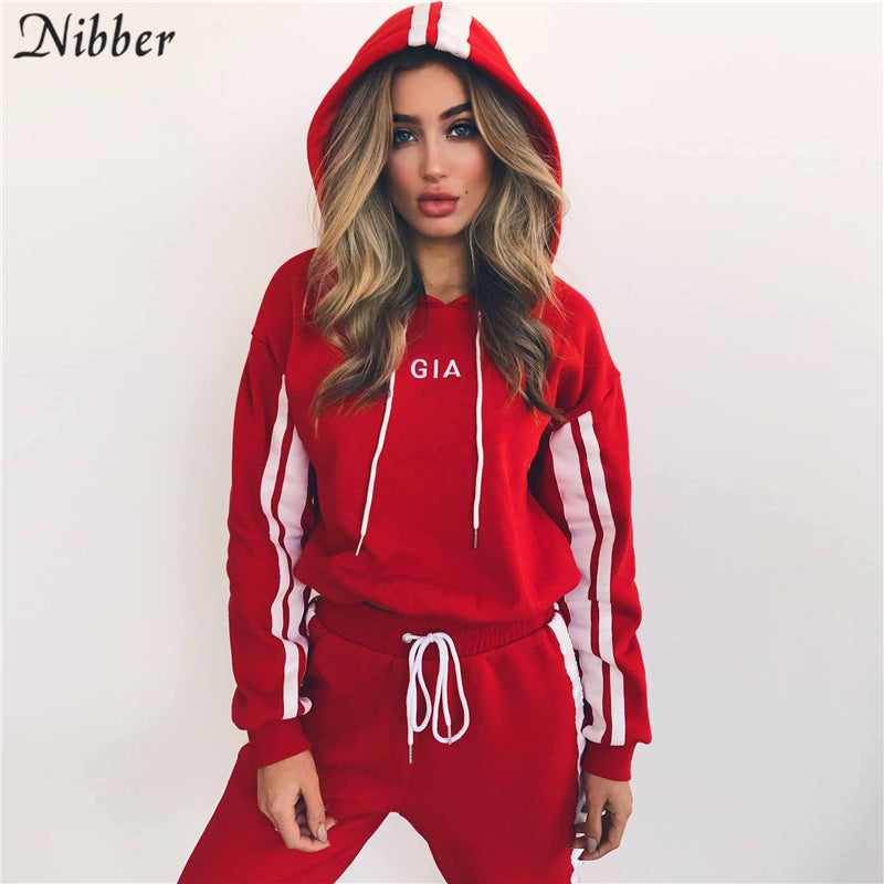 Nibbe spring Autumn fashion women Sportswear 2 piece set women White Red Active Wear Casual Sweat Pants Hooded Sweatshirt Hoodie