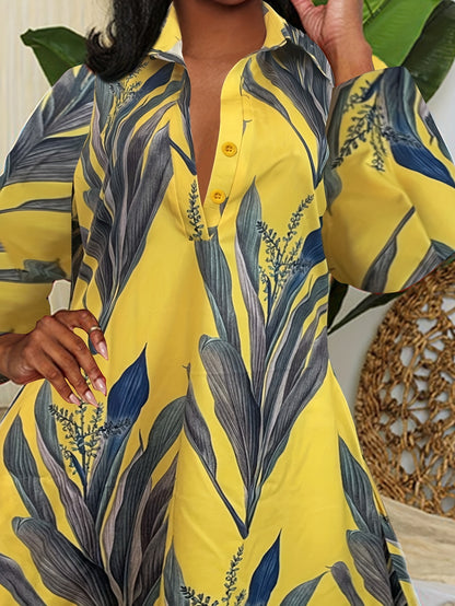 Leaf Print Half Button Dress, Casual 3/4 Sleeve Trapeze Dress For Spring & Fall, Women's Clothing