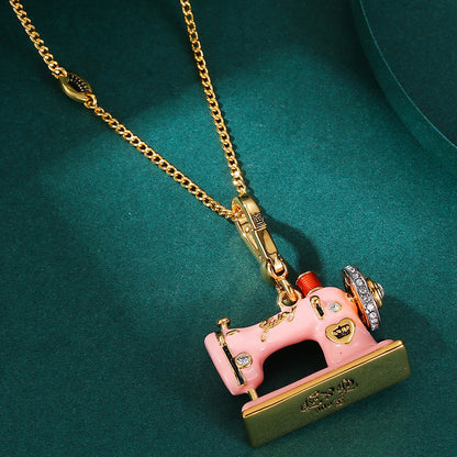 Enamel Three Dimensional Butterfly Knot Pink Sewing Machine Pendant Necklace
