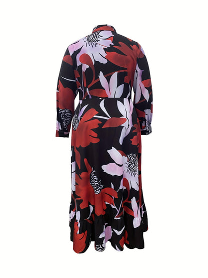 Women's Elegant Floral Print Button-Front Long Dress with V-Neck & Ruching - Machine Washable All-Season Versatile Casual to Formal Wear, Floral Print Dress, Formal Attire, Ruched Skirt Style, Nontransparent Fabric