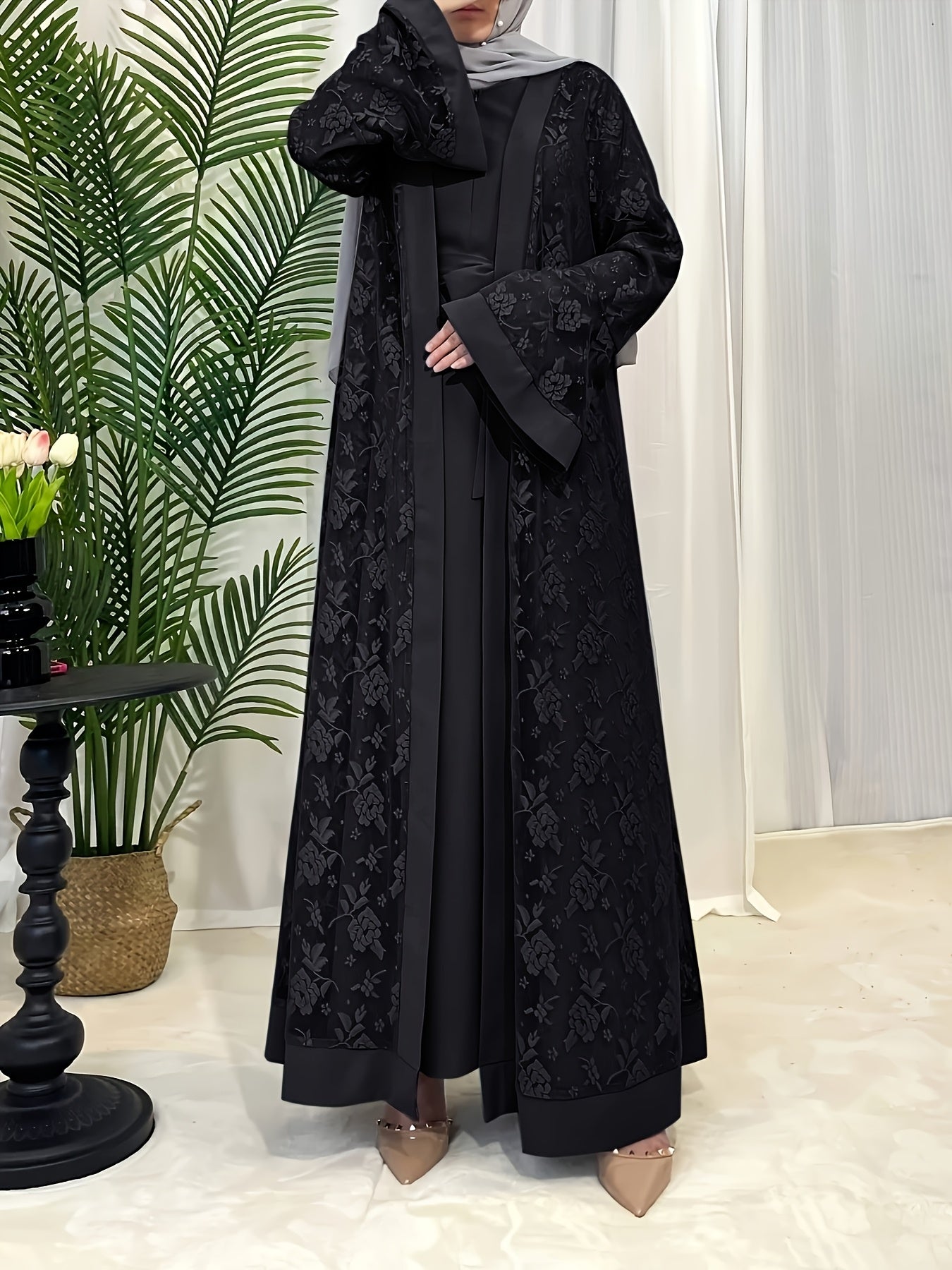 Elegant Black Lace Abaya with Contrast Lace Trim - Long Sleeve, Floor-Length, Belted, All-Season Wear, Traditional Middle Eastern Attire for Women, Cultural Attire|Elegant Abaya|Lace Trim Abaya