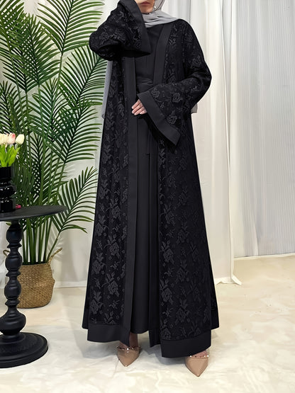 Elegant Black Lace Abaya with Contrast Lace Trim - Long Sleeve, Floor-Length, Belted, All-Season Wear, Traditional Middle Eastern Attire for Women, Cultural Attire|Elegant Abaya|Lace Trim Abaya
