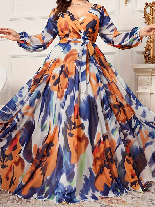 Plus Size, Women's Elegant Floral Print Chiffon Maxi Dress with Cross Neckline & Long Sleeves - A-Line Silhouette, Waist Tie Belt, Vibrant Multicolor Hems for Casual & Semi-Formal Occasions, All-Season Breathable Chiffon Fabr