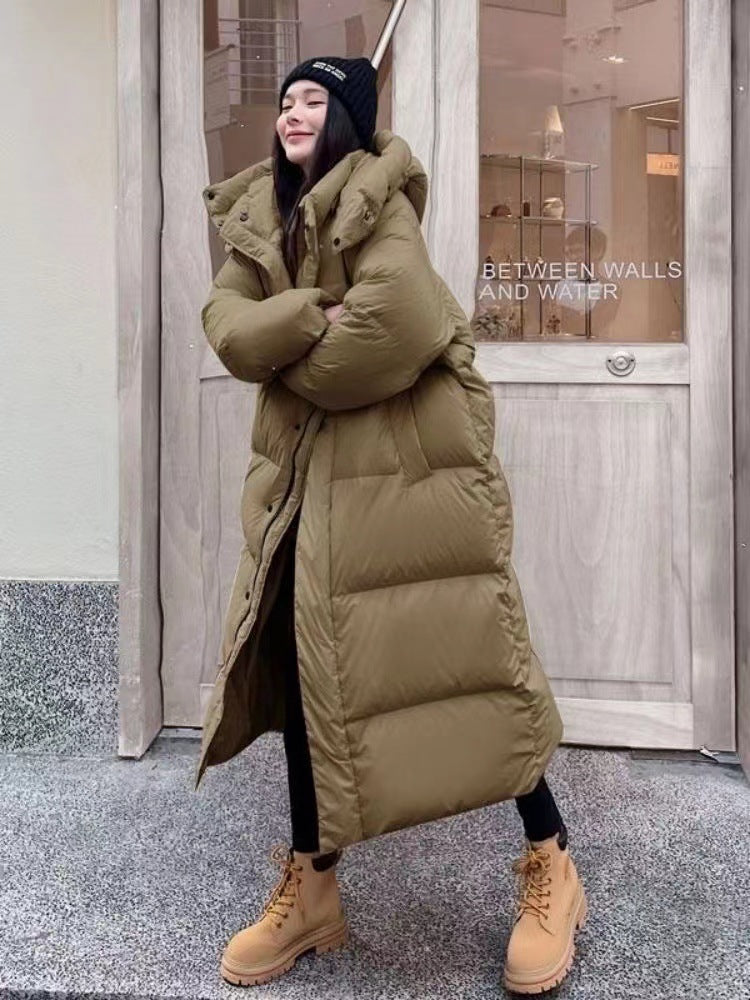 Winter Mid to Long Knee Cotton Jacket for Women Loose Hooded Large Down Cotton Jacket Thick Coat