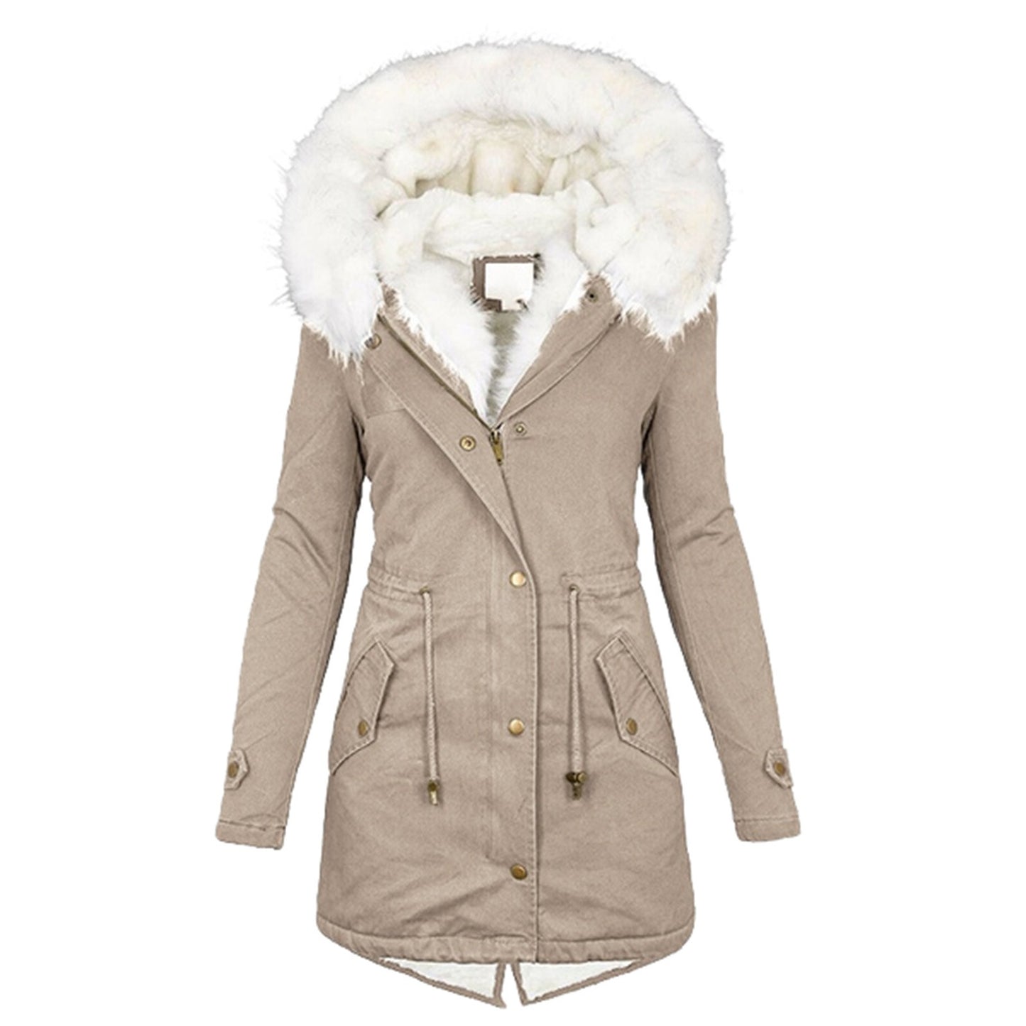 Autumn and winter mid length windbreaker with white fur collar hooded warm plush women's coat