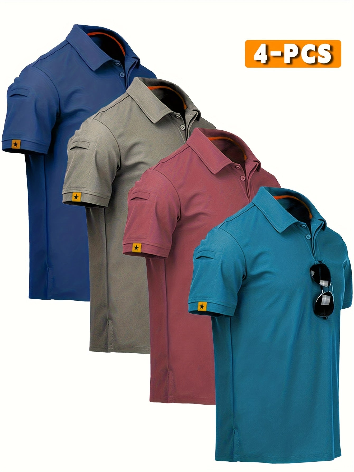 4pcs Men'S Quick-Dry Breathable Short Sleeve Polo Shirts - Lightweight Summer Outdoor T-Shirts with Collar, Regular Fit for Hiking, Golf, Beach