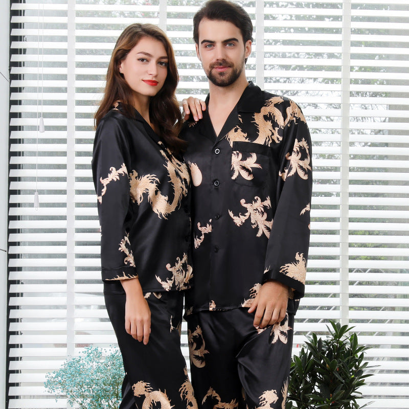 Simulated silk couple sleepwear new long sleeved set men's and women's V-neck silk printed dragon and phoenix home clothes