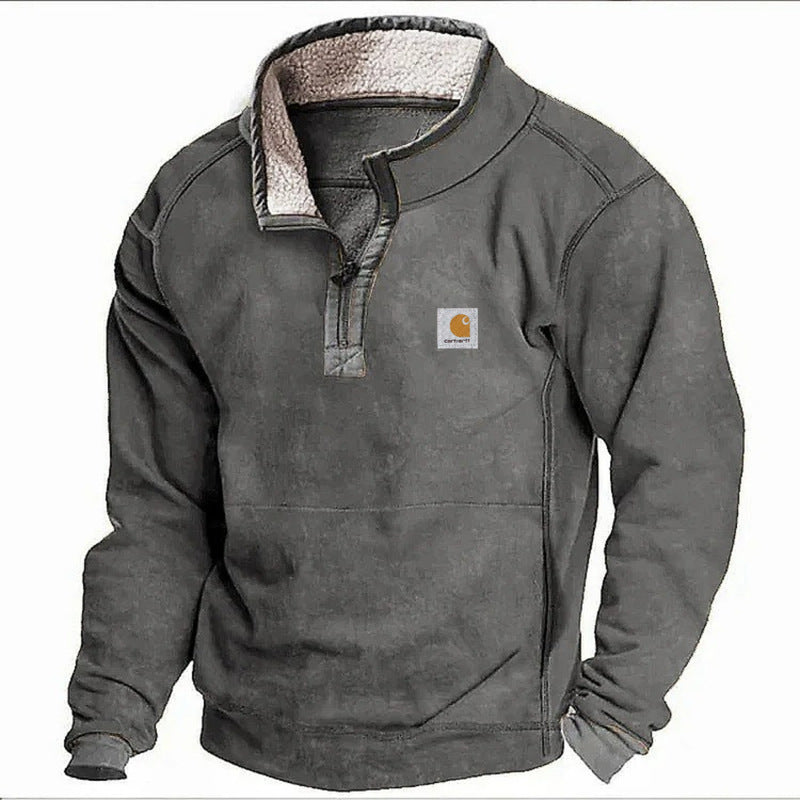 Men's Casual Hoodie with Stand Collar and Zipper Closure Fleece Lined Sweatshirt for Autumn and Winter