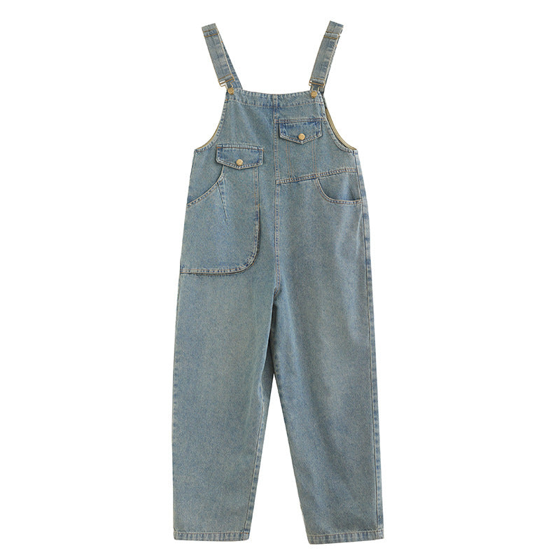 Spring Summer Vintage Jeans Jumpsuits Women Loose Wide Leg Rompers Womens Retro Long Denim Jumpsuit Ladies Front Pockets