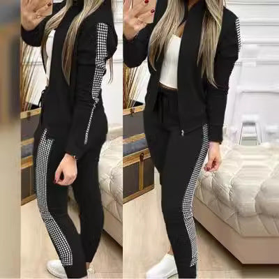 Autumn and Winter New Long Style Sports and Leisure Zipper Splicing Grid Set for Women's Clothing