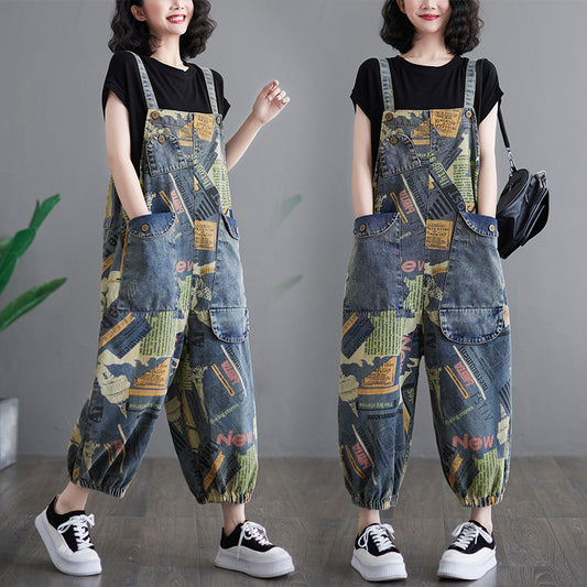 Artistic retro printed denim overalls for women fashionable ankle binding one-piece overalls