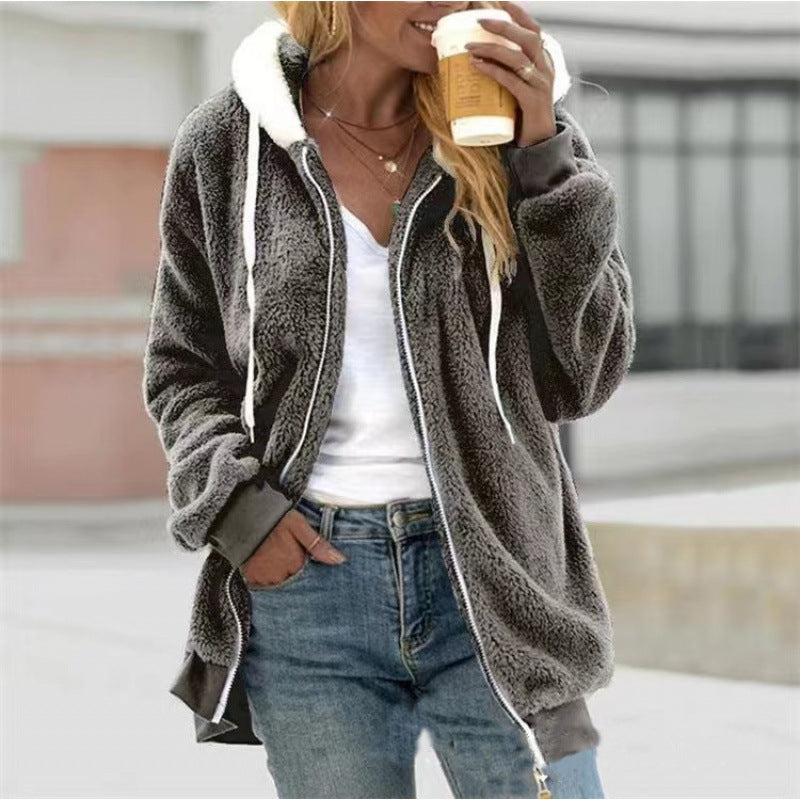 Autumn and winter loose plush zipper hooded jacket for women