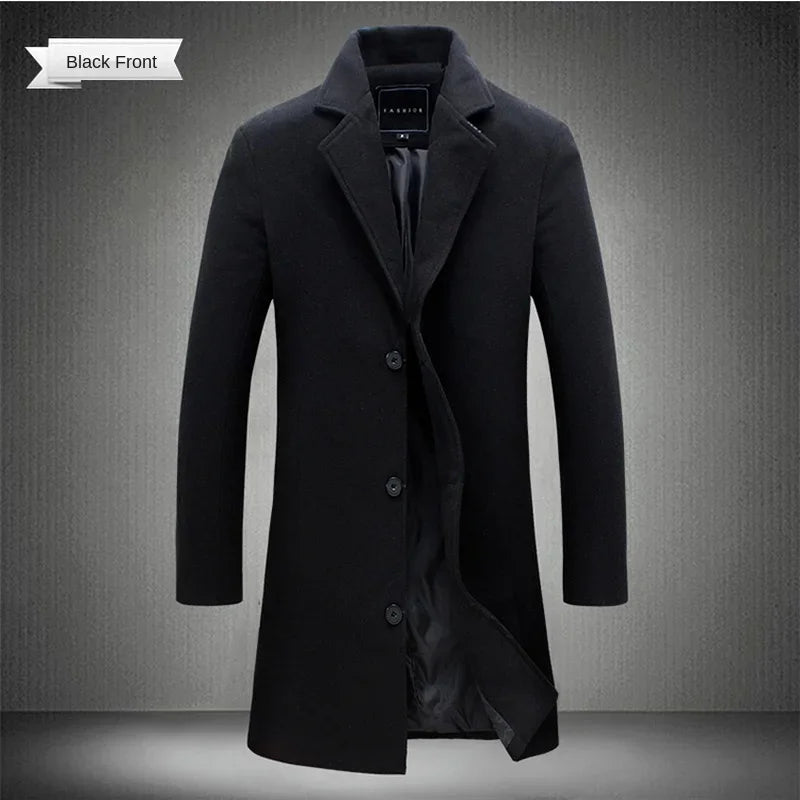 Spring Autumn New Long Cotton Coat New Wool Blend Pure Color Casual Business Fashion Men's Clothing Slim Windbreaker Jacket
