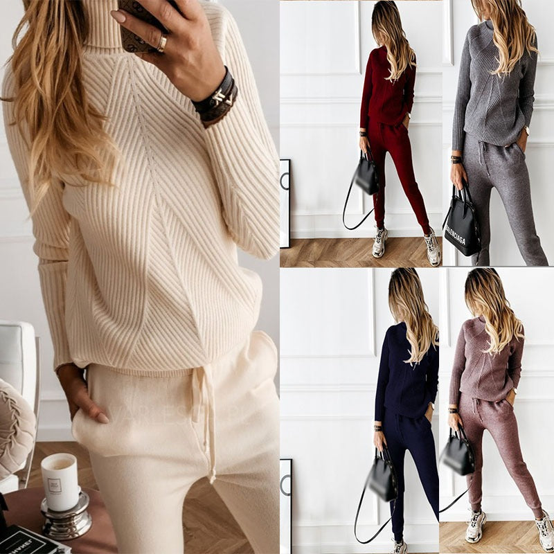 2PCS  High Collar Solid Color Fashion Casual Top  Pants Sweater Set for Women